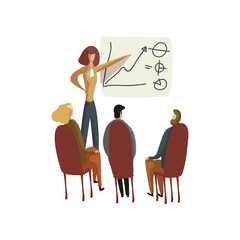 Woman shows a graph on the board to colleagues. Vector illustration on white background.