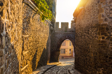 Beautiful street in medieval part of the city Plovdiv, Bulgaria
