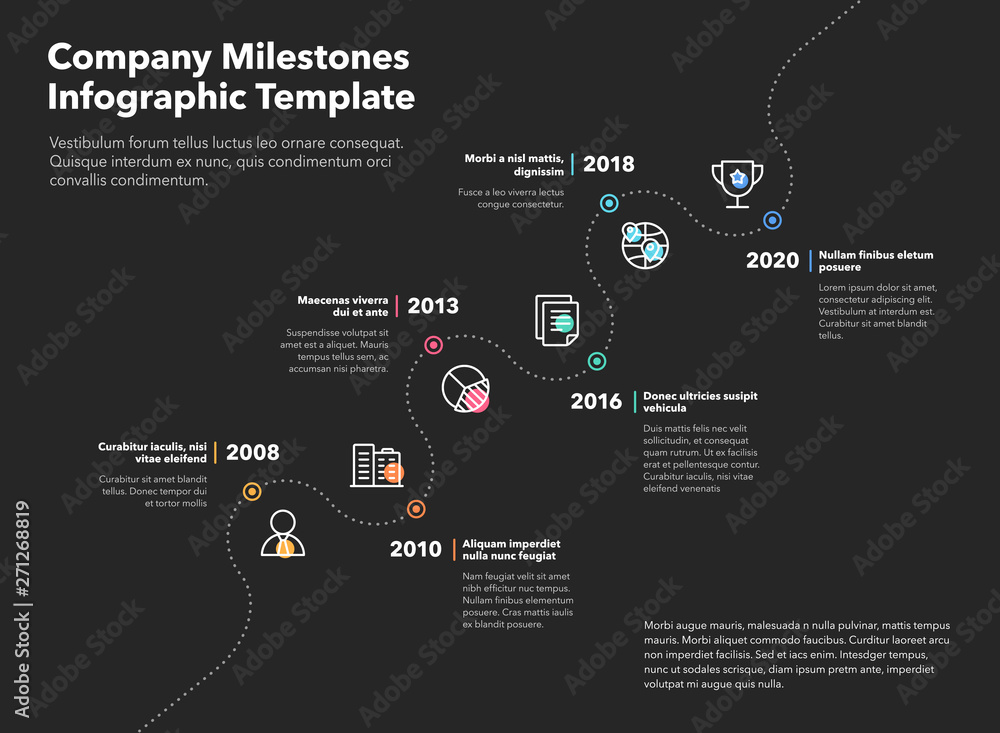 Poster Business infographic for company milestones timeline template with dashed path and colored line icons - dark version. Easy to use for your website or presentation.