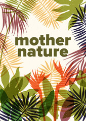 Obraz premium Summer flyer, poster or postcard template with translucent foliage of exotic plants and trees growing in tropical rainforest or jungle and Mother Nature text