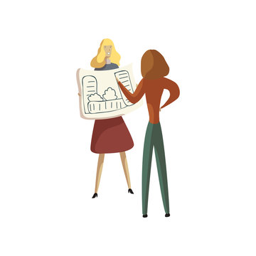 recommend clip art: Blonde shows her colleague a draft on paper. Vector illustration on white background.