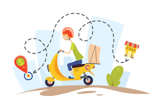 Delivery, the guy on the moped is carrying pizza. Characters. Pizza delivery concept flat design vector illustration.