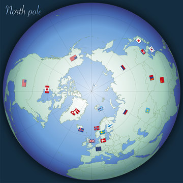 North pole global map with country flags, vector illustration