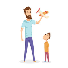 Illustration of a Father and His Young Son Playing with Toy Airplanes.