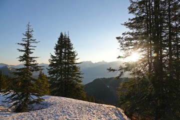 beautiful sunrise on the mountains with clear blue sky