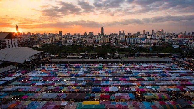 Night market called train night market Ratchada at evening to night TL D2N bird eye view, people can enjoy many street food, located at back of Esplanade Ratchadapisek Department store, Bangkok, Thail
