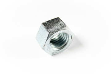 Silver metal nut on a white isolated background
