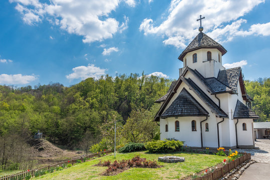 Ljubovija, Serbia April 20, 2019: The Soko Monastery is located below Soko Grad, on the slopes of the Sokolska Mountain near Ljubovija.The monastery is dedicated to the holy bishop Nikolaj Velimirovic