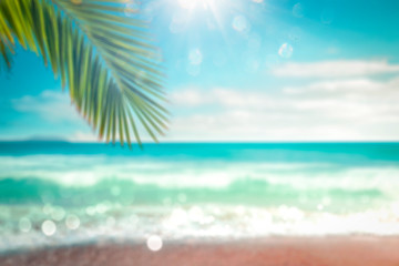 Fototapeta na wymiar Blurred background of sea and green palm 