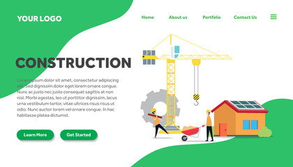 construction creative illustration landing page vector of building graphics , small people in construction illustration vector , building architecture , for website landing page