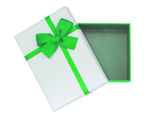 green gift box with ribbon and bow on white background