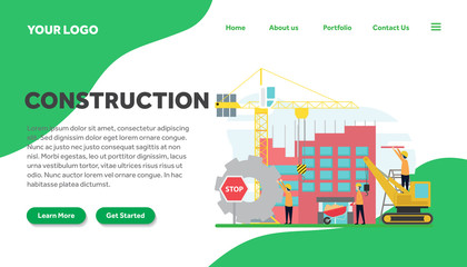 construction creative illustration landing page vector of building graphics , small people in construction illustration vector , building architecture , for website landing page