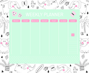 Kids weekly calendar planner with elephants