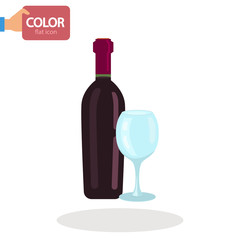 Red wine bottle and glass color vector icon. Flat design