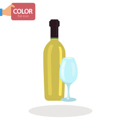 White wine bottle and glass color vector icon. Flat design