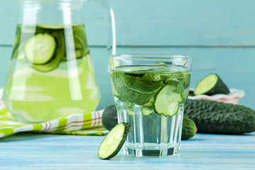 water with cucumber. Refreshing diet water with cucumber and mint in a glass beaker against a blue background. detox drink concept. summer refreshing drink.