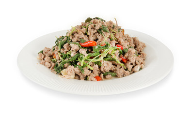 stir-fried pork and holy basil thai food on white background