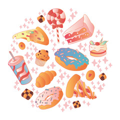 Colorful vector hand drawn Doodle cartoon set of objects on the fast food theme