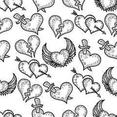 Vector hand drawn seamless pattern of pop art hearts.Brocken heart, two hearts with arrow, heart with wings and heart punctured by sword.