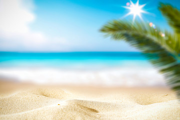 Fototapeta na wymiar Summer background of hot sand with free space for your decoration and blurred background of ocean with green palm and sun light. 