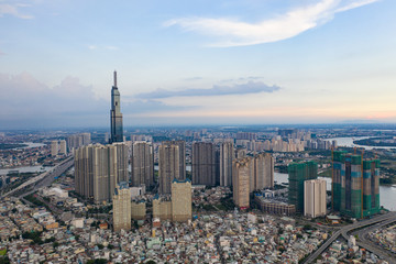 modern cityscape of Ho Chi Minh city at Vietnam take by drone