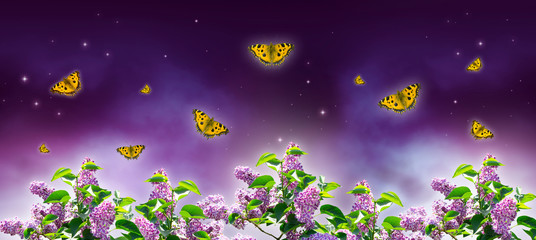 Fantastical fantasy background of magical purple night sky with shining stars, mysterious clouds,...