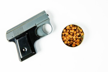 Old used gray starting pistol with black grip - box of small dummy ammunition