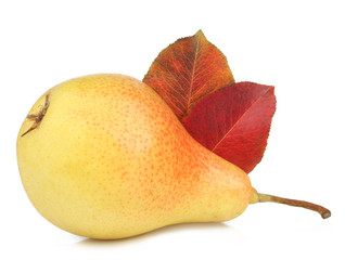 Yellow pear with red leaves isolated on white background