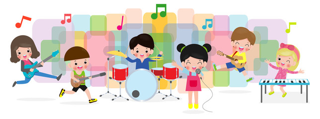 group of children playing musical instruments, Cartoon dancing kids, cute child musician various actions playing music. Play music concept illustrator vector