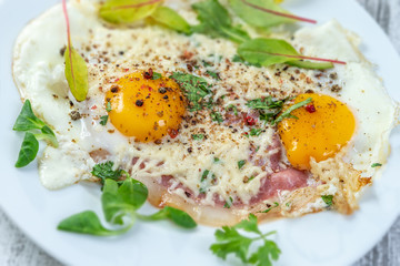 Plate of fried egg with bacon ancd melted cheese, on white plate, top view on vintage wooden background