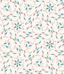 Boho tiny leaves vector all over print.  Seamless repeating pattern swatch.  Bohemian folk motif background. Hand drawn retro fashion prints 1970s style. Nature wallpaper, lino cut surface design. 