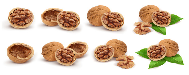 Wallnuts. Whole walnut, peeled walnut, half walnut, walnut shell, walnut kernel, walnuts with leaves isolated on white background. Collection. Set.