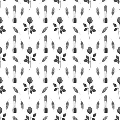 Fototapeta na wymiar Beautiful monochrome watercolor fashion seamless pattern with lipstick, rose and feathers for your design project (printing on fabric, wrapping paper, wallpaper, etc.)