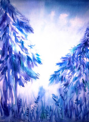 Blue watercolor forest scene. Blue abstract spot, blot, splash. Ecological abstract art illustration. watercolor landscape. Postcard, card.