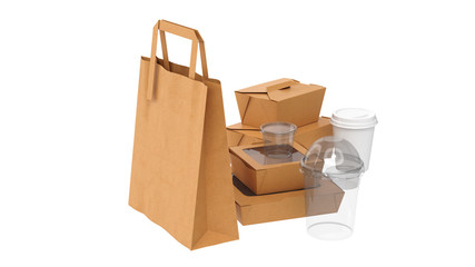 Packaging food box cardboard brown open and closed on white isolated background. 3D rendering