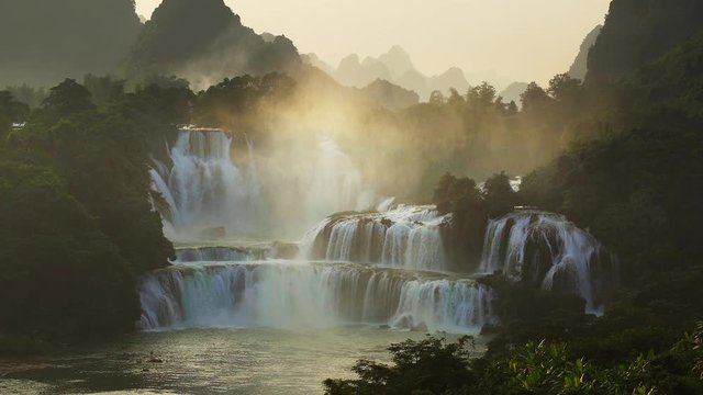 Sunrise bird eye view Bangioc waterfall in Vietnam and Detian waterfall in China, located near border, people can see this waterfall both of country, Lockdown..