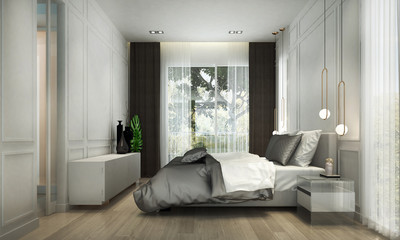 Modern luxury bedroom interior design and white wall background 