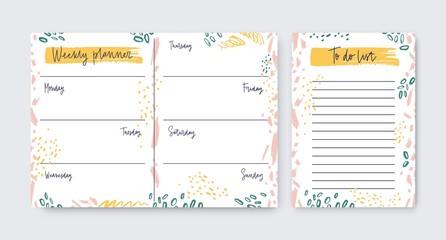 Collection of vertical weekly planner and to-do-list templates decorated by artistic scribble, daub, paint traces. Printable daily plan, schedule, timetable. Effective planning. Vector illustration.
