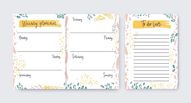Collection of vertical weekly planner and to-do-list templates decorated by artistic scribble, daub, paint traces. Printable daily plan, schedule, timetable. Effective planning. Vector illustration.