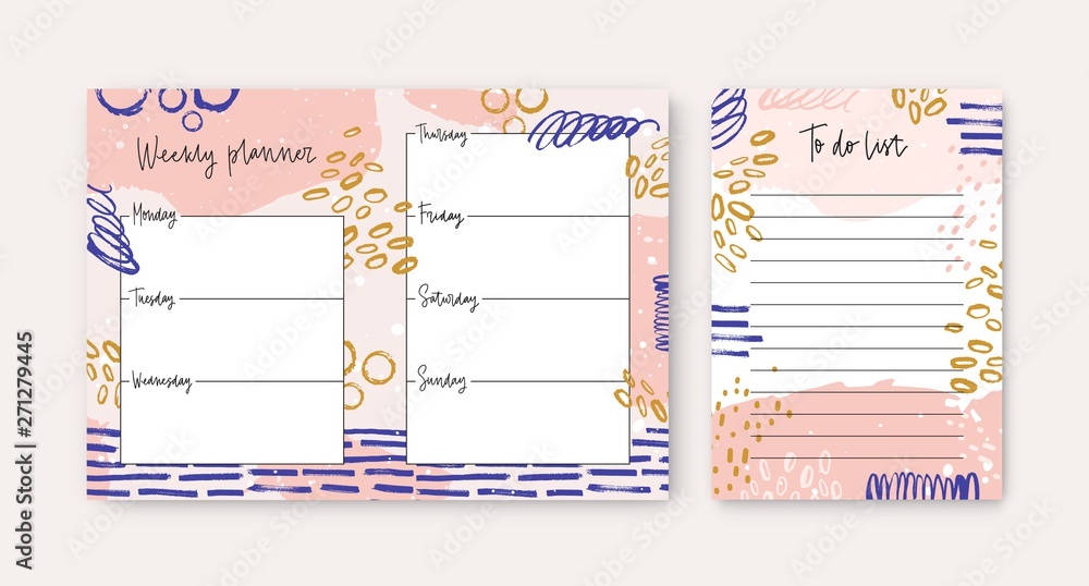Aufkleber set of weekly planner and to-do-list templates decorated by colorful brush strokes and smears. plan,