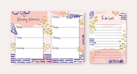 Set of weekly planner and to-do-list templates decorated by colorful brush strokes and smears. Plan, schedule, appointment or event reminder for week. Vector illustration in contemporary art style. - obrazy, fototapety, plakaty