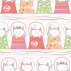 Cute hand drawn cats in handbags in pastel geometric seamless vector pattern. With subtle polka dot background and horizontal ribbons. Great for children, birthdays, party, invitations, gift wrap