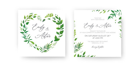 Wedding Invitation, floral invite, save the date card set. Watercolor green tropical leaf, lush greenery, eucalyptus, forest leaves, branches decorative wreath, frame. Elegant & lovely rustic template