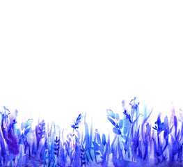 Abstract watercolor background: blue grass and leaves. Great for textures, banners, and greeting cards