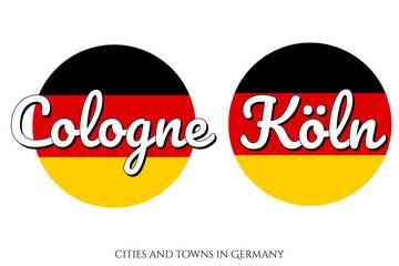 Circle button Icon with national flag of Germany with black, red and yellow colors and inscription of city name: Cologne - Koln in German and English languages. Vector EPS10 illustration.