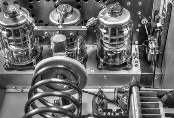 Vacuum tubes shortwave power amplifier in black and white