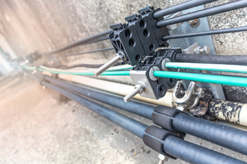 Electric wire and cable line Fiber glass. 5G smart mobile telephone radio network antenna base...