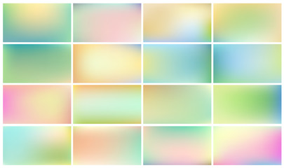 Set of light coloured backgrounds for children. Smooth and blurry abstract gradient for products presentation, books, poster, banner. Horizontal vector illustrations.