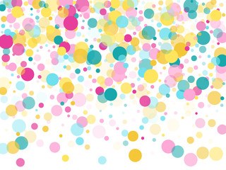 Memphis round confetti festive background in cyan blue, pink and yellow. Childish pattern vector.