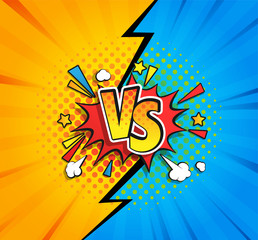 Versus competitive concept in comic style on yellow and blue background with halftone and lightning split backdrop and speech bubble and VS letters on explosion cloud. Vector illustration